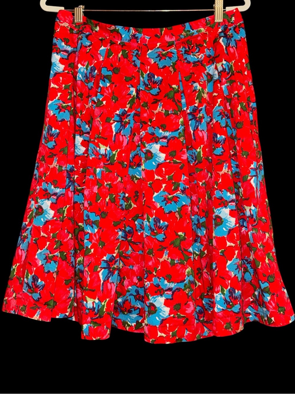 Talbots Red Botanical Print Pleated A-Line Skirt with Blue & Pink Flowers